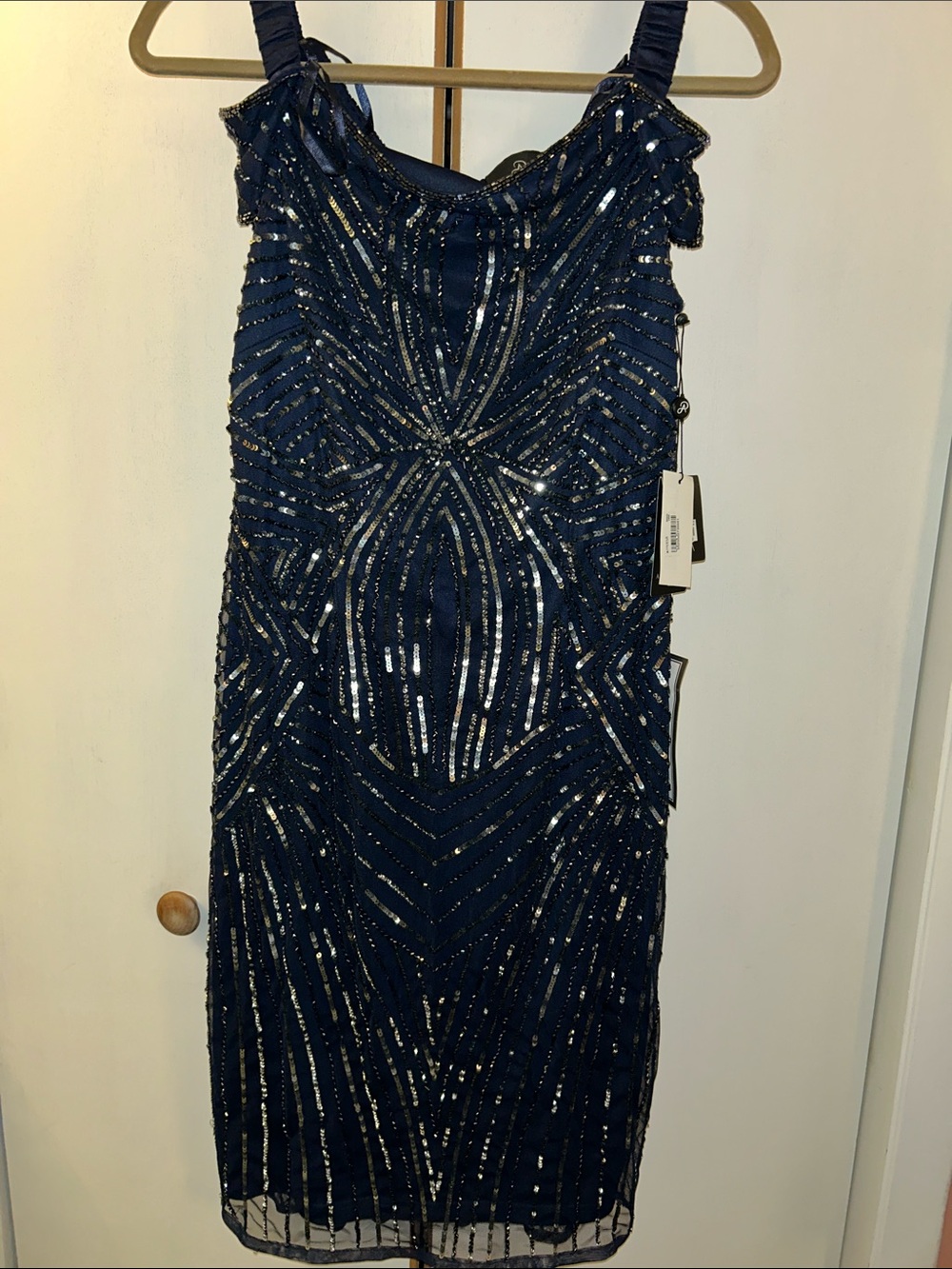 Adrianna Papell Navy Blue Sequin Sheath Dress